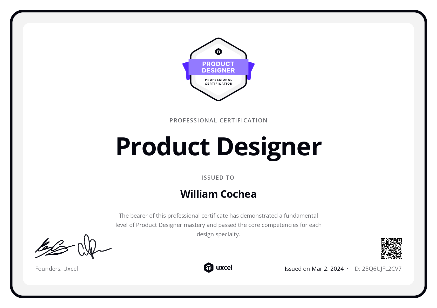 William Cochea's certificate